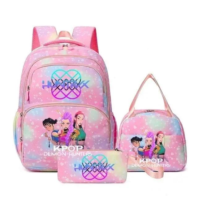 3‑Piece Kpop Backpack Set, Pink Gradient Glitter Heart Print Multi‑Pocket Zipper School Backpack, Insulated Lunch Bag and Pencil Case, Casual Daypack for Teen Girls