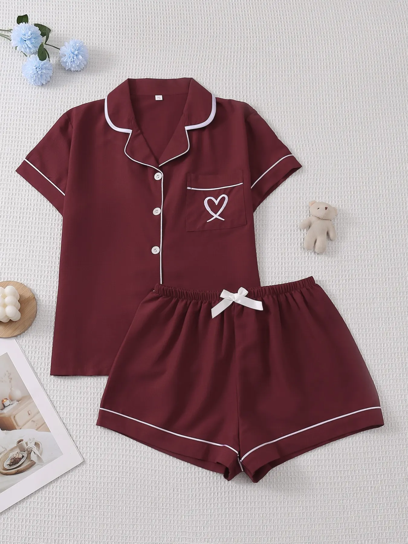 Women's Short Sleeve Pajama Set, Pjs, Comfortable Sleepwear, Loungewear, Homewear, Soft Fabric, Stripe Print, Button, Heart Pattern, Casual Style, Ideal for Home Relaxation