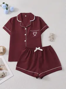 Women's Short Sleeve Pajama Set, Comfortable Sleepwear, Loungewear, Soft Fabric, Heart Pattern, Casual Style, Ideal for Home Relaxation