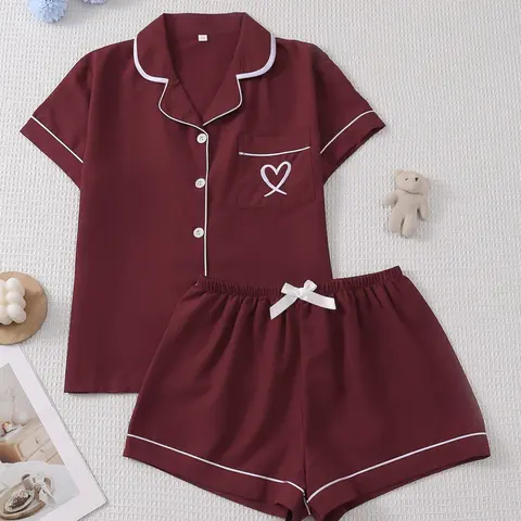 Women's Short Sleeve Pajama Set, Pyjamas Set, Pjs, Comfortable Sleepwear, Loungewear, Homewear, Soft Fabric, Stripe Print, Button, Heart Pattern, Casual Style, Ideal for Home Relaxation, Home Loungewear Pajamas