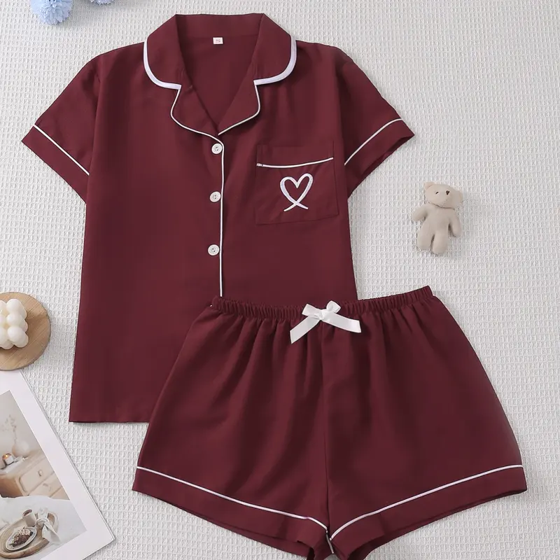 Women's Short Sleeve Pajama Set, Pyjamas Set, Pjs, Comfortable Sleepwear, Loungewear, Homewear, Soft Fabric, Stripe Print, Button, Heart Pattern, Casual Style, Ideal for Home Relaxation, Home Loungewear Pajamas