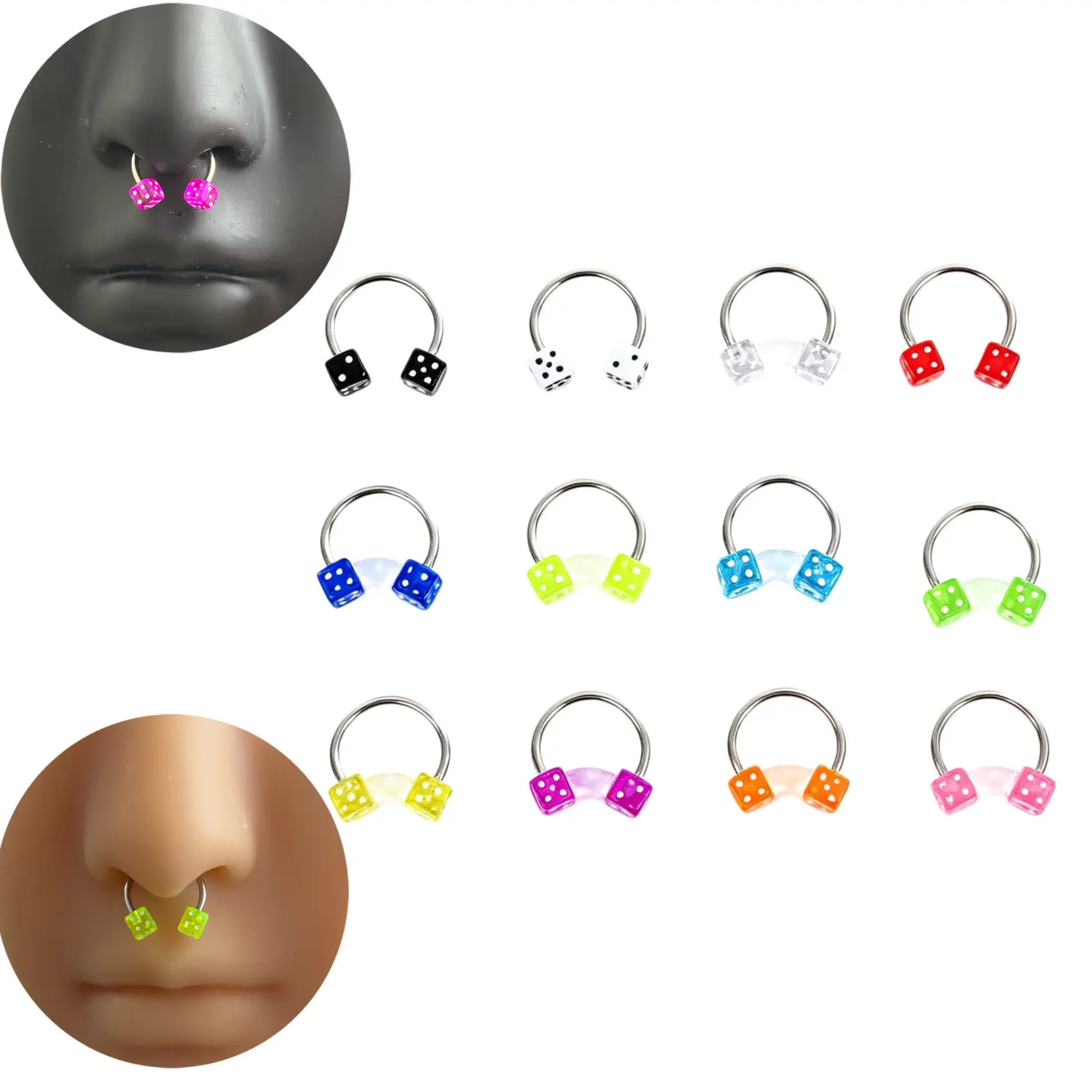 12pcs 16G 10mm Acrylic Stainless Steel Septum Piercings Rook Piercings Ear Piercings Set Nose Piercings Dice External Thread Piercings Set 316L