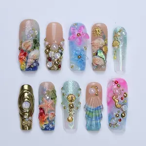 Summer Press On Nails Ocean Garden With Seashell 3D Flower Fake Nails