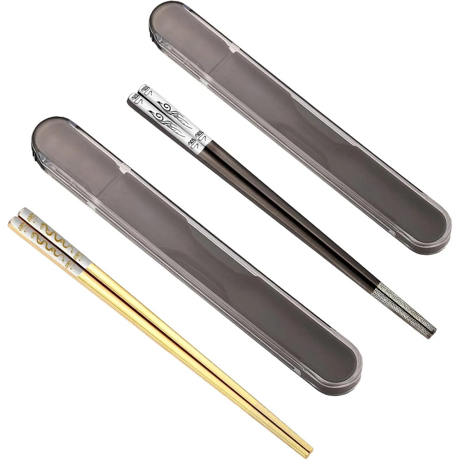 Chopsticks  With Case Metal Stainless Steel Chopstick with Titanium Plated for School, Home, Office, Outdoor, Bento Box Use, Dishwasher Safe (Golden Dragon Black Phoenix)