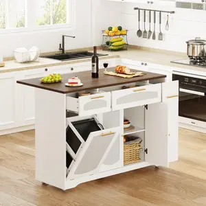 Garvee Rattan Rolling Kitchen Island Table on Wheels with Drop Leaf, Tilt Out Cabinet with 2 Doors, Storage Cabinet, 2 Drawers, Spice Rack, Kitchen Cart, 53.1" Wide, White