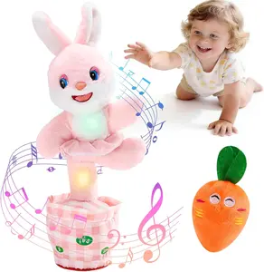 Talking Dancing Easter Bunny Plush Toy Glowing Interactive Rabbit with 60+ Songs Volume Adjustable Easter Basket Stuffers for Girls Boys Plush Figure DIY  Toy