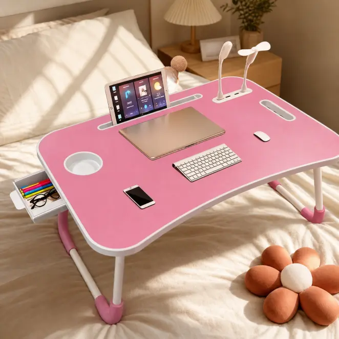 Folding Lap Desk - Wood, Compact, Sturdy, Lightweight, Durable Ergonomic Portable Laptop Stand Workstation with 4 USB Ports, Cooling Fan, LED Light, Cup Holder, Drawers, Perfect Gift Idea for Remote Workers | Ideal for Bed, Home Office