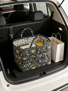 Vintage Floral Quilted Car Organizer, Large Capacity Tote with Pockets, Multipurpose Tote for Trunk, Home, Travel and Diaper Use
