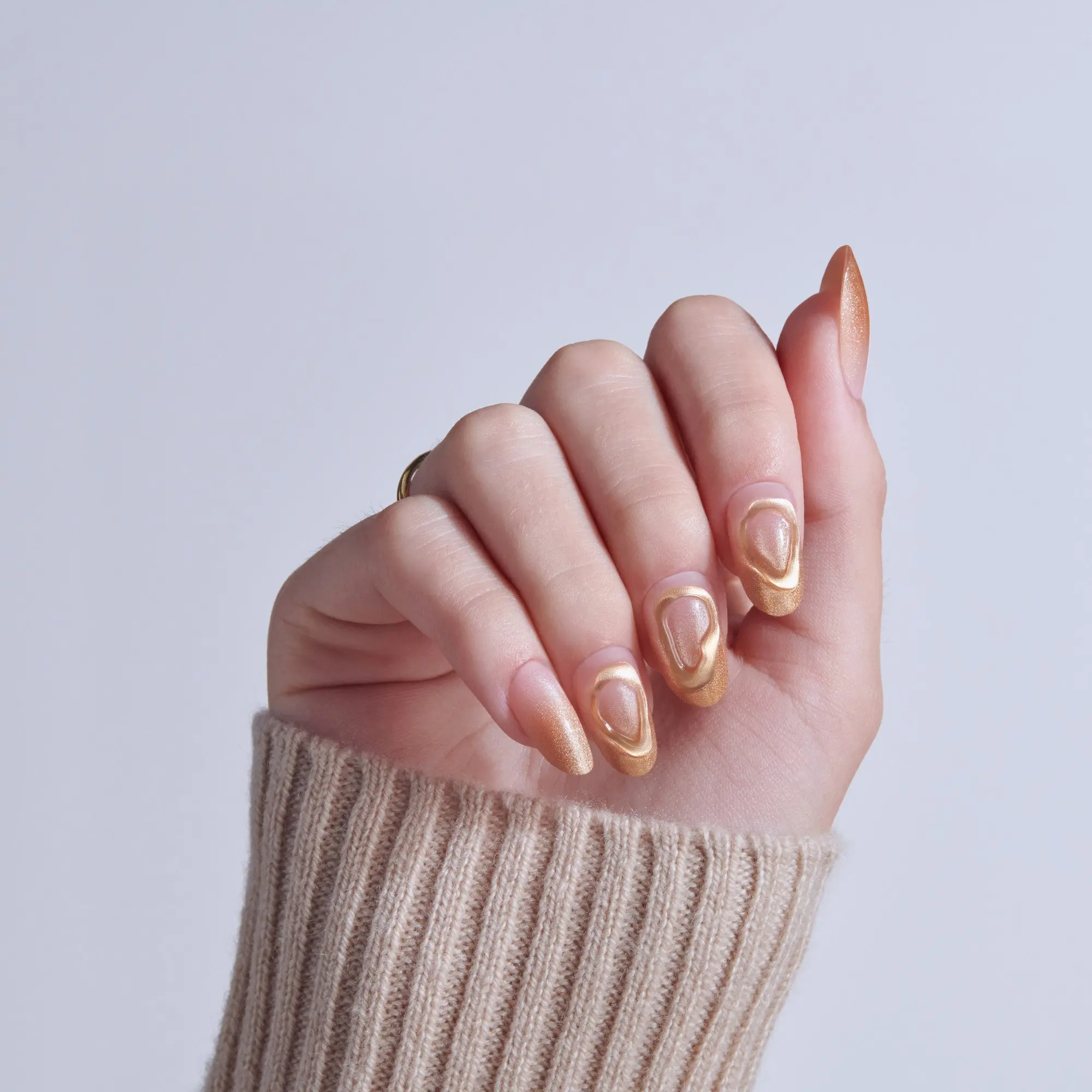 Kiss Nail Drip Press On Fake Glue Nails - Golden Laughter | 3D & Jewel Design, Metallic Gold, Medium, Round