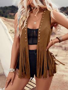 women's solid color studded decor fringe trim jacket, casual fitted fashion open front sleeveless outerwear for daily outdoor wear, jackets for women, ladies clothes for summer, womenswear, clothes for women