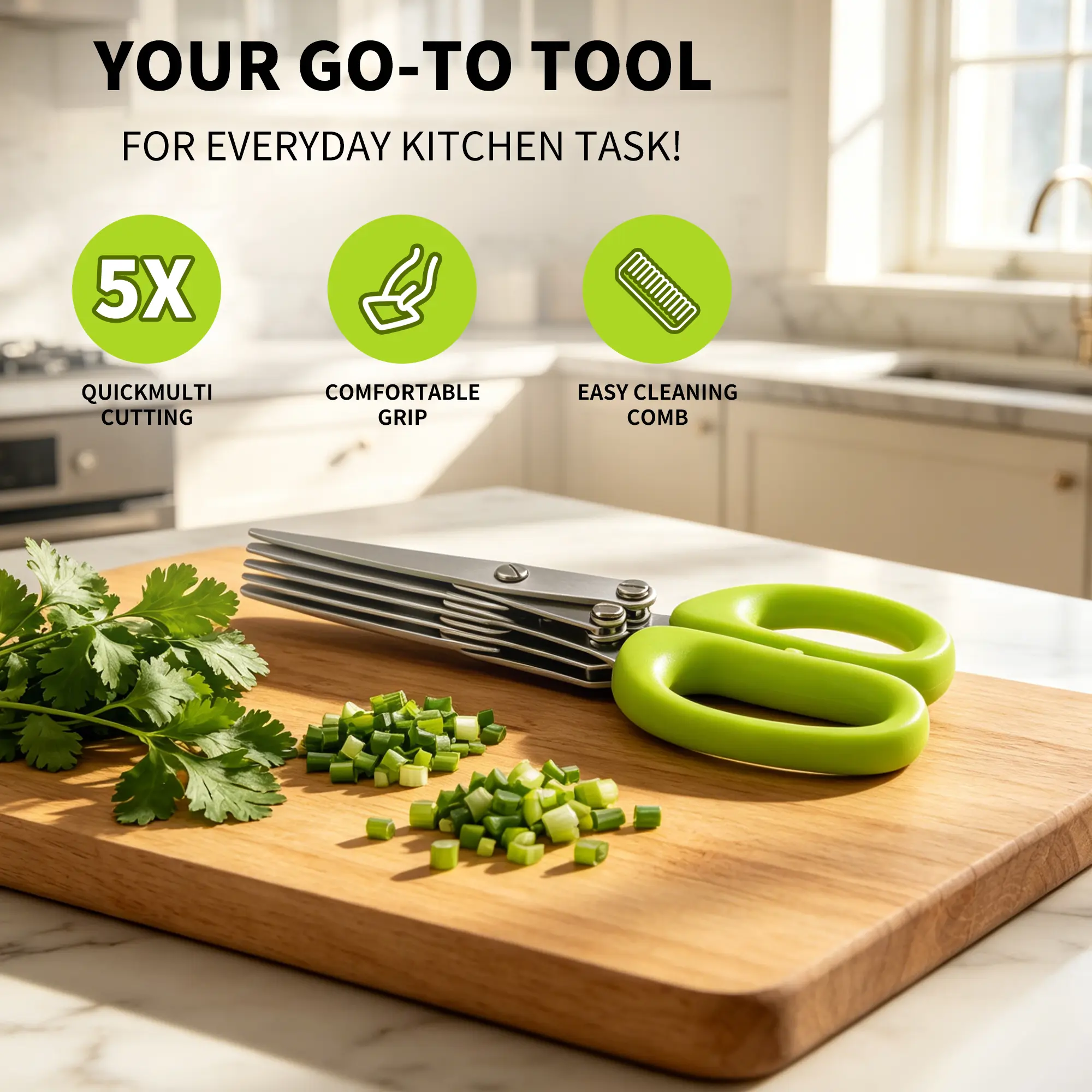 1 Count Five-Layer Coriander Shears, Rust-Proof Stainless Steel Herb Scissors with Protective Cover, 5-Blade Kitchen Shears for Cutting Herbs, Vegetables, Paper, Green