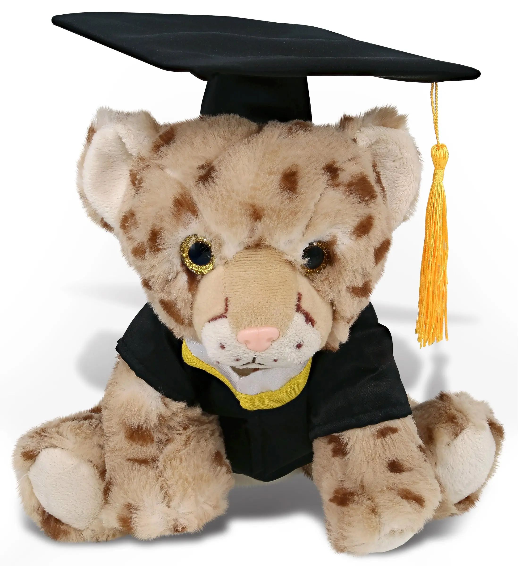 DOLLIBU 8.5 in Squat Cheetah Graduation Plush - Unisex College Gift, Black Cap, Gown, Tassel Included, Durable Soft Fluffy Polyester Stuffed Animal Collectibles, Cute Personalized Toy