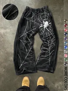 Men's Casual Loose Cotton Sport Pants, Spider Web Print, Drawstring Waist, Ankle Length, Street Style, All Seasons