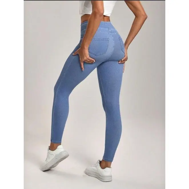 Women's High Waist Yoga Jeans, Comfortable Skinny Fit Denim Pants with Slimming Hip-Up & Double Pockets, Bottom, Lady, Basic, Everyday Active