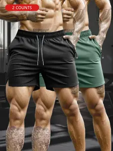 2-piece set, men's 3-inch solid color quick drying fitness shorts, moisture wicking, simple to wear for outdoor running, hiking, swimming, tennis, basketball, soccer, cycling, indoor fitness.