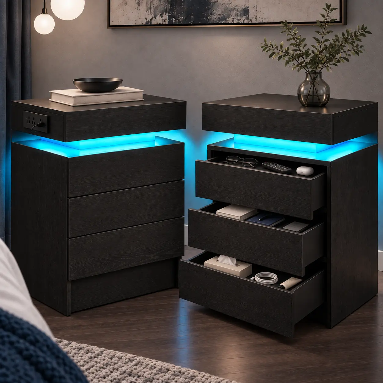 LIKIMIO Nightstand with Charging Station & LED Lights, Modern Bedside Table with 2- or 3-Drawer Options, Sliding Top, Standard Top or Lockable Top Drawer, End Table for Bedroom & Small Spaces
