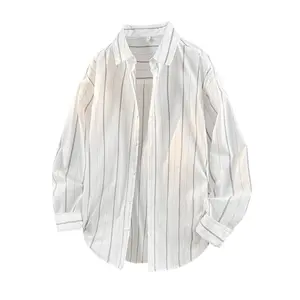 Men’s autumn new casual trendy loose long-sleeve striped turn-down collar white shirt; spring/summer color-block striped turn-down collar shirt; vintage loose casual cardigan summervibes