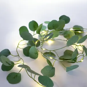 Artificial Eucalyptus Leaves Foliage String Lights 6.6Ft 20 LED Fairy Leaf Lights Warm White Greenery Vines Garland and Table Runner,  Operated Wedding Backdrop Wall Decor
