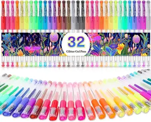 Glitter Gel Pens, 32 Color Neon Glitter Pens Fine Tip Art Markers Set Colored Gel Pens for Coloring Book Journaling