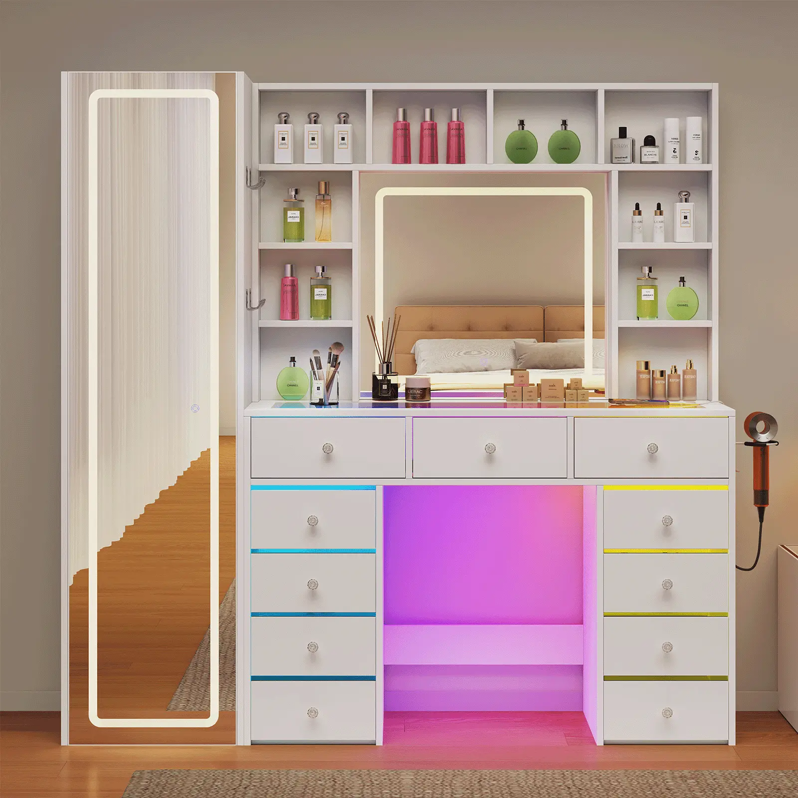 LED Makeup Vanity Table with Full Length Mirror, Touch 3-Color Mirror Lights, APP RGB Light Strips, 11 Lighted Drawers, Multi-Layer Shelves, Built-in Multi-Port Outlets, Hair Dryer Holder and Tempered Glass Tabletop for Bedroom