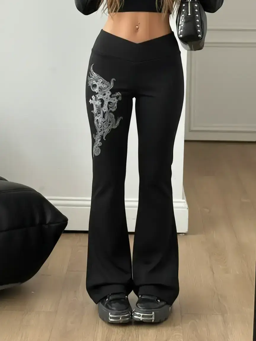 Women's leggings, flared pants with floral gothic patterns, comfortable to wear, suitable for all seasons, fashionable women's everyday bottoms, a versatile and stylish choice for everyday outfits, Casual Fitted Bottoms