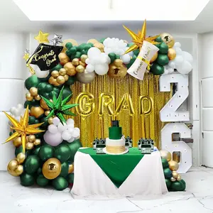 115PCS Green Graduation Balloon Garland Arch Kit - Green, Gold, White Disposable Plastic Balloon Clusters with Square Decorative Letter Mylar Foil Decor for Class of 2026 Graduate Prom Party Decorations, Decorative Letter Balloons