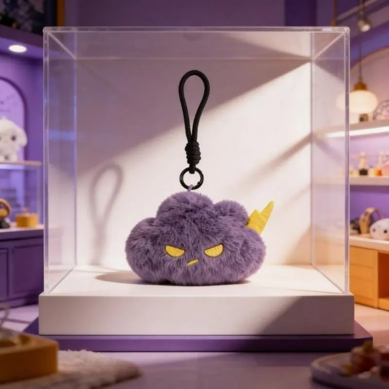 Grumpy Thunder Cloud Plush Keychain, Unisex Collectible Pendant with Edgy Grunge Aesthetic and Angry Yellow Eyes, Durable Fabric Decor for Bags or Desks, Plush Fabric, Desk Decoration, Grunge Look, Pendant Form, Cloud Pattern, Anyone Who Loves Dark, Whims