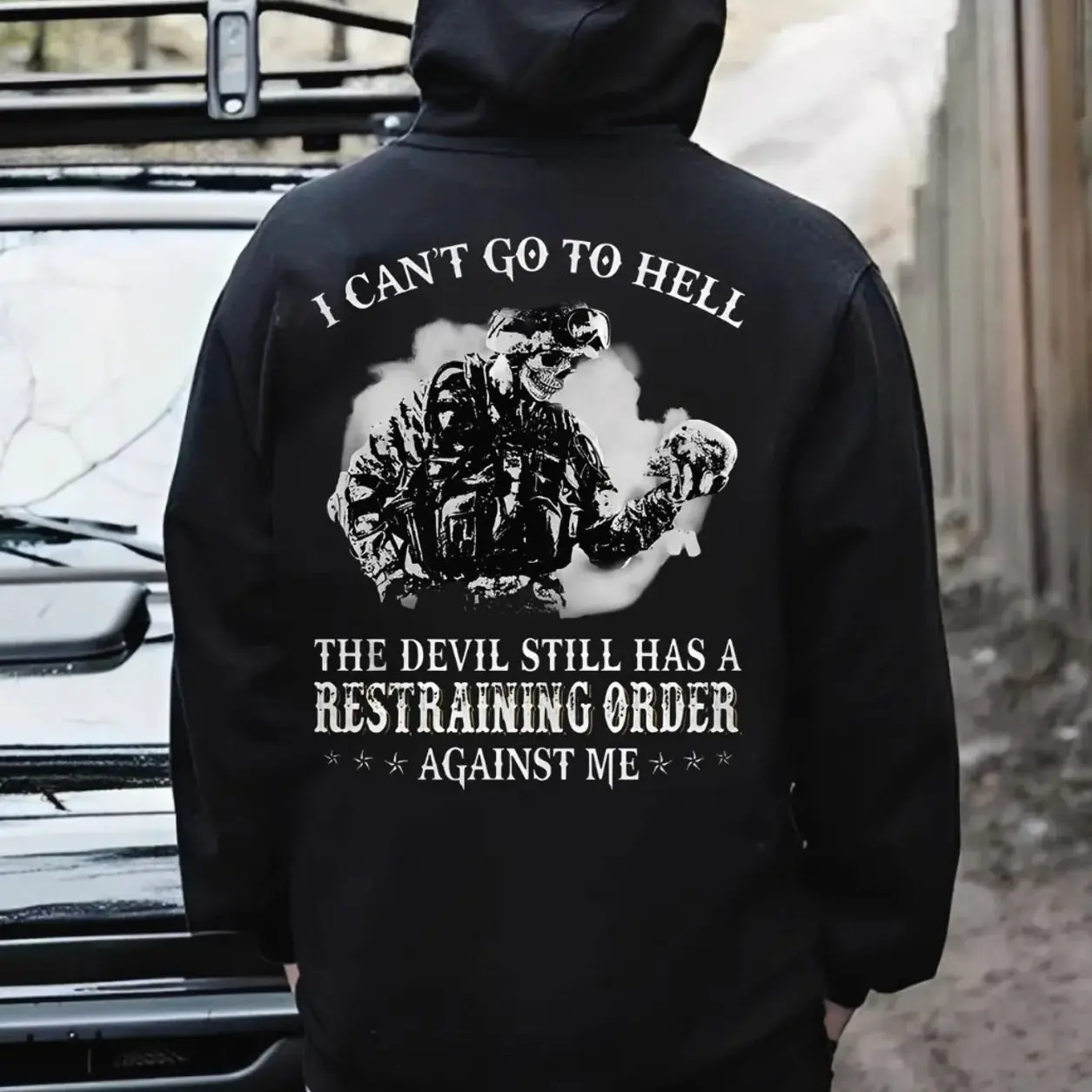 I Can’t Go to Hell The Devil Still Has a Restraining Order Against Me Hoodie – Tactical Skull Military Humor T Shirt for Men – Dark Humor Veteran Graphic Sweatshirt