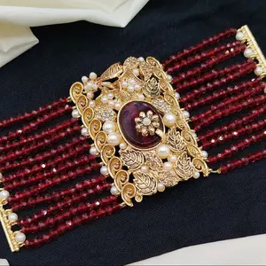 Kundan Stones and Sparkling Crystal Beadwork Chunky Bracelet Fits 2.6-2.8. Traditional Indian Rhinestone & Bead Bracelet Set