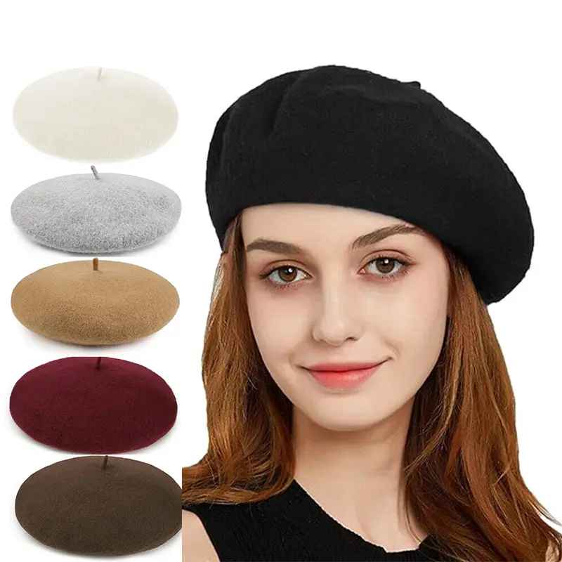 Women's Vintage Winter Thick Warm Wool Blend-Acrylic Beret Hat, 80cm Solid Color French Style Casual Fashion Cap, Black & Red Bag Accessories (for DIY Luggage & Bag Decor), Beret Hats, Acrylic Fiber Hats
