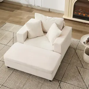 Chaise Lounge Chair with Removable Ottoman, Upholstered Sleeper Accent Armchair with Pillows, Deep Seat Modern Chair for Living Room & Bedroom (Beige)