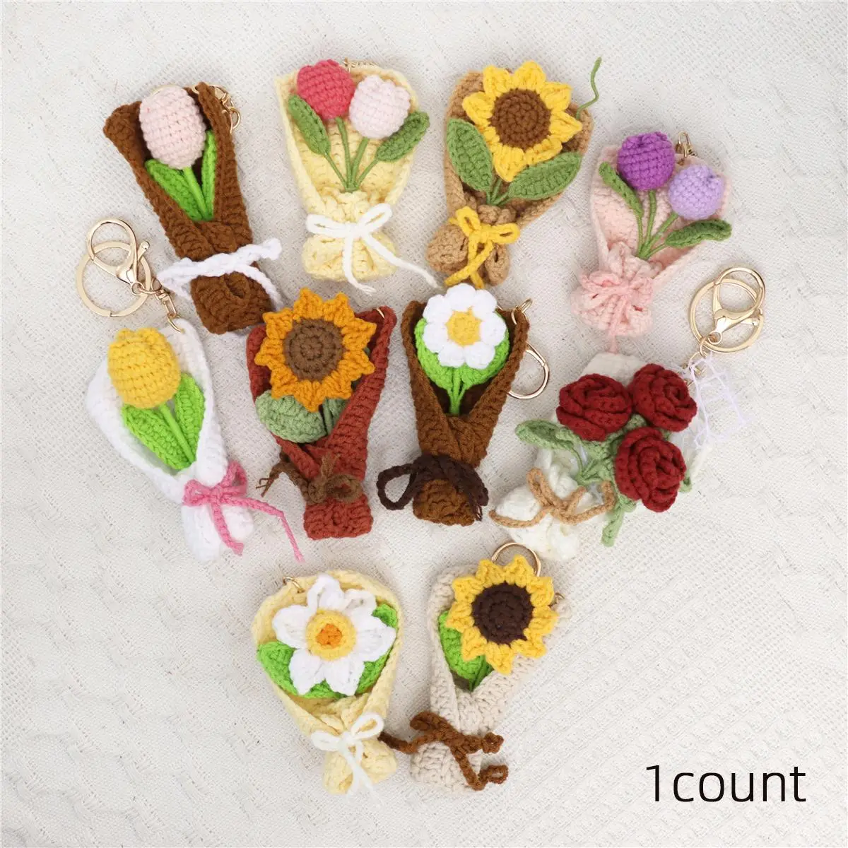 Handcrafted Crochet Sunflower Tulip Rose Flower Bouquet Keychain, Crochet Amigurumi Keychain, Unique Yarn Accessory, Creative Handmade Bag Pendant for Gift Giving