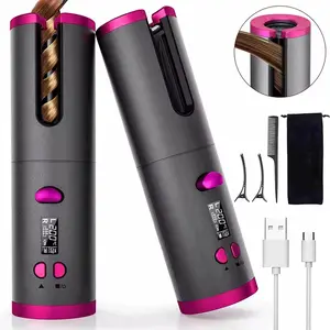 Cordless Automatic Curling Iron, Ceramic Curling Iron With LCD Display Screen, Adjustable Heating Temperature And Time, Automatic Rotation Curling Iron, Suitable For Short And Medium Long Hair Styling Grey