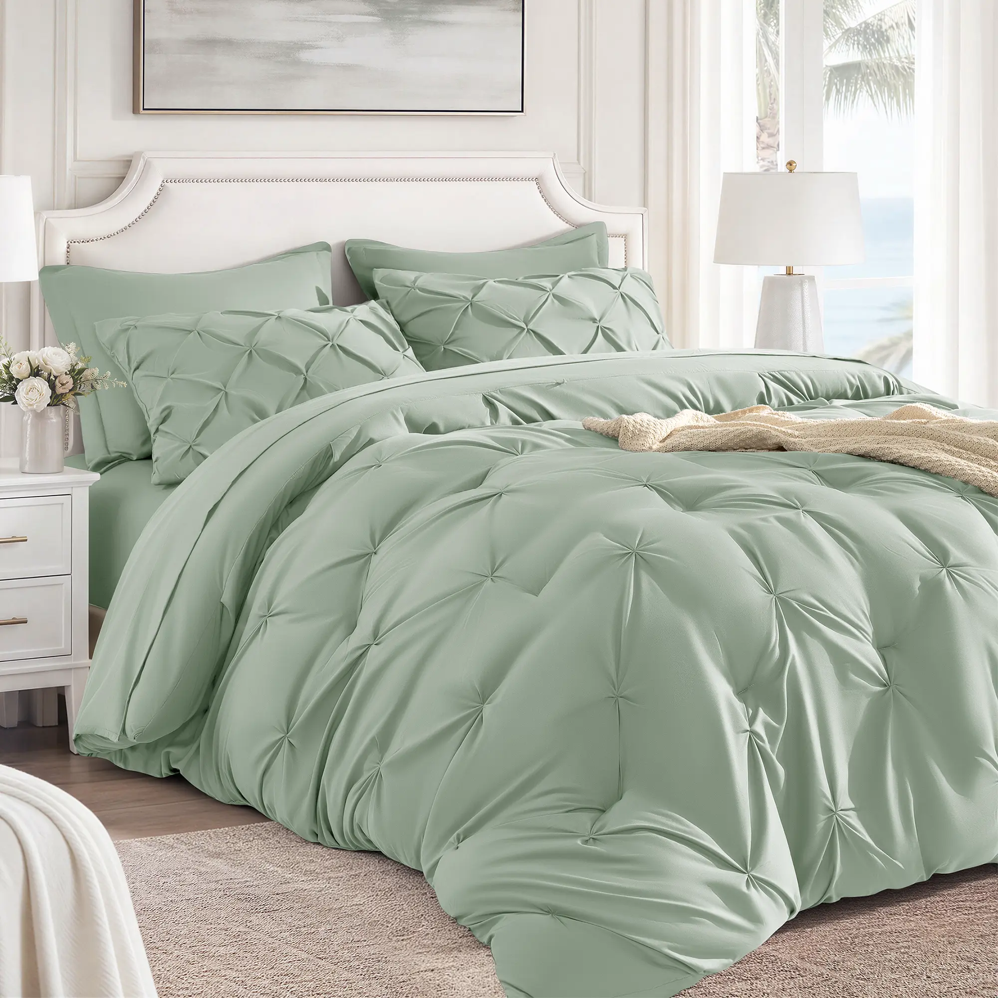Shilucheng 7 Piece Smocked Comforter Set Ultra Soft Fluffy All Season Bed in a Bag Breathable Bedding with Sheets Multiple Colors