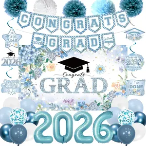 Holkcog 2026 Graduation Decorations, Blue Class of 2026 Congrats Graduation Floral Backdrop, Balloons, Paper Pompoms for Graduation Party Decorations, Outd