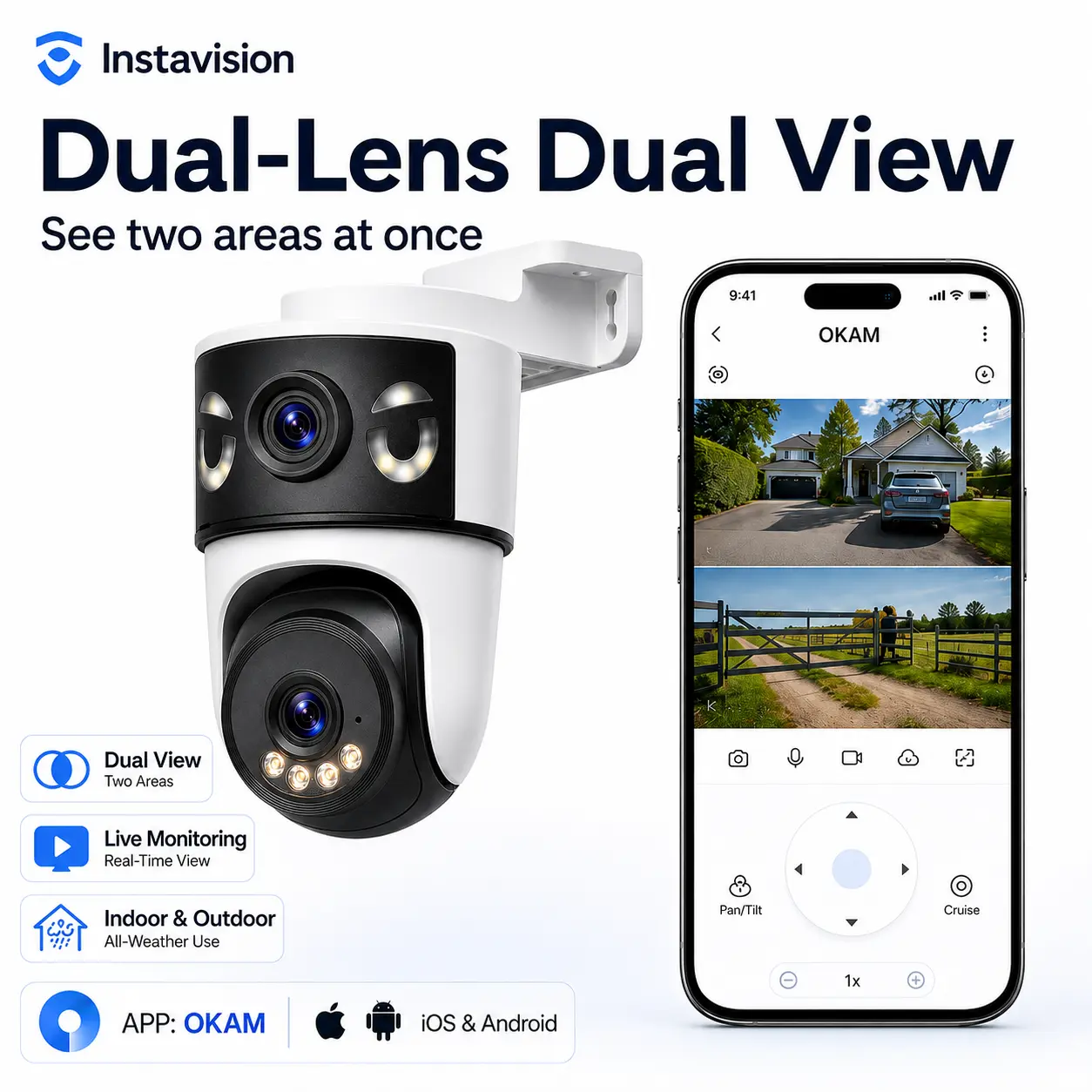 Smart Dual-View Security Camera, WiFi PTZ Camera with 355° Rotation, App Live View and Instant Motion Alerts