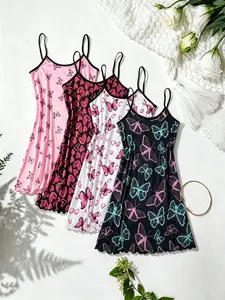 4 Pack Women's Heart Print Cami Nightgowns, Spaghetti Strap Mini Sleepwear Nightdress