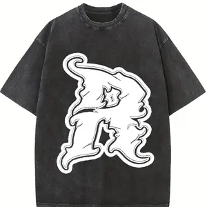 Vintage Distressed Wizard Hat Letter R Printed T-shirt, American Trendy Brand Casual Distressed Round-neck Washed  Short-sleeve Top, Suitable for Holidays, Going Out, Casual Wear, S, Gifts, and Other Occasions