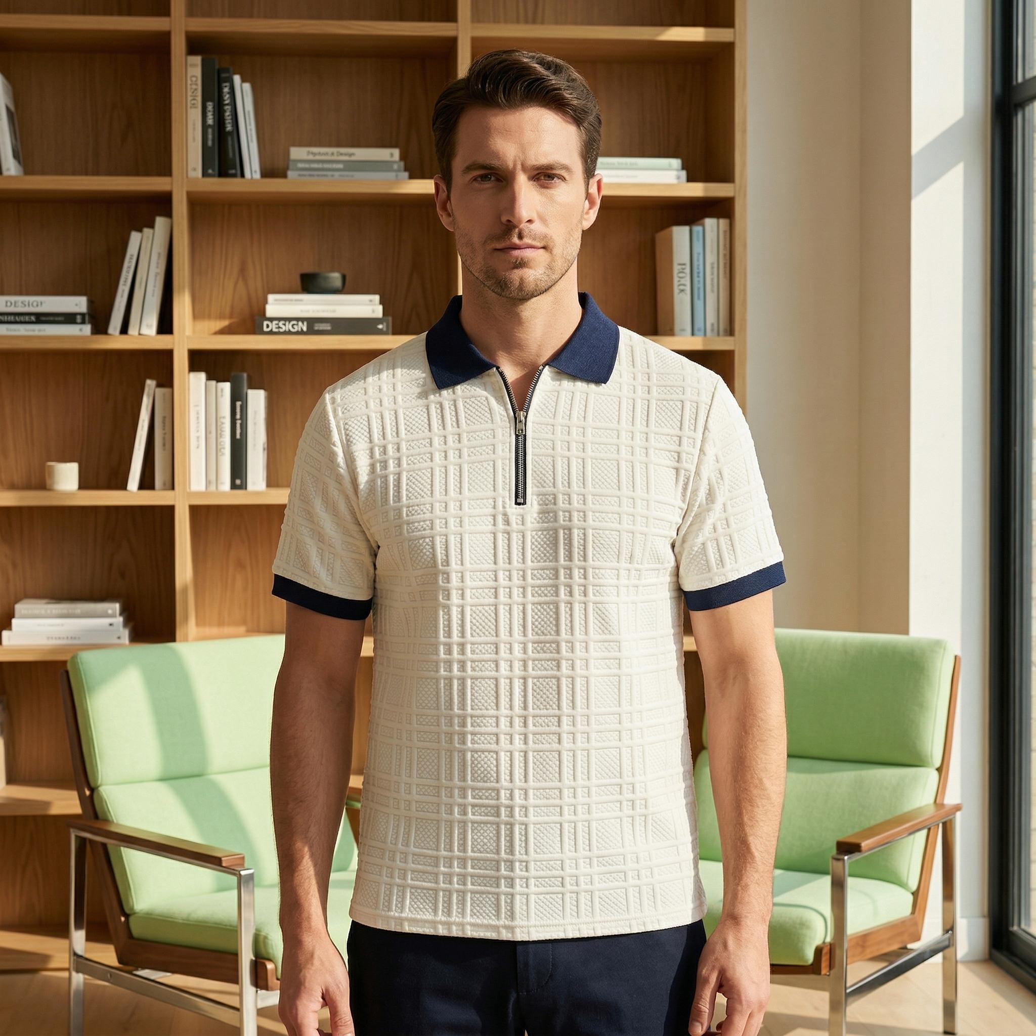 Mens Textured Half Zip Polo Shirt, Breathable Short Sleeve Golf Casual Tee for Men