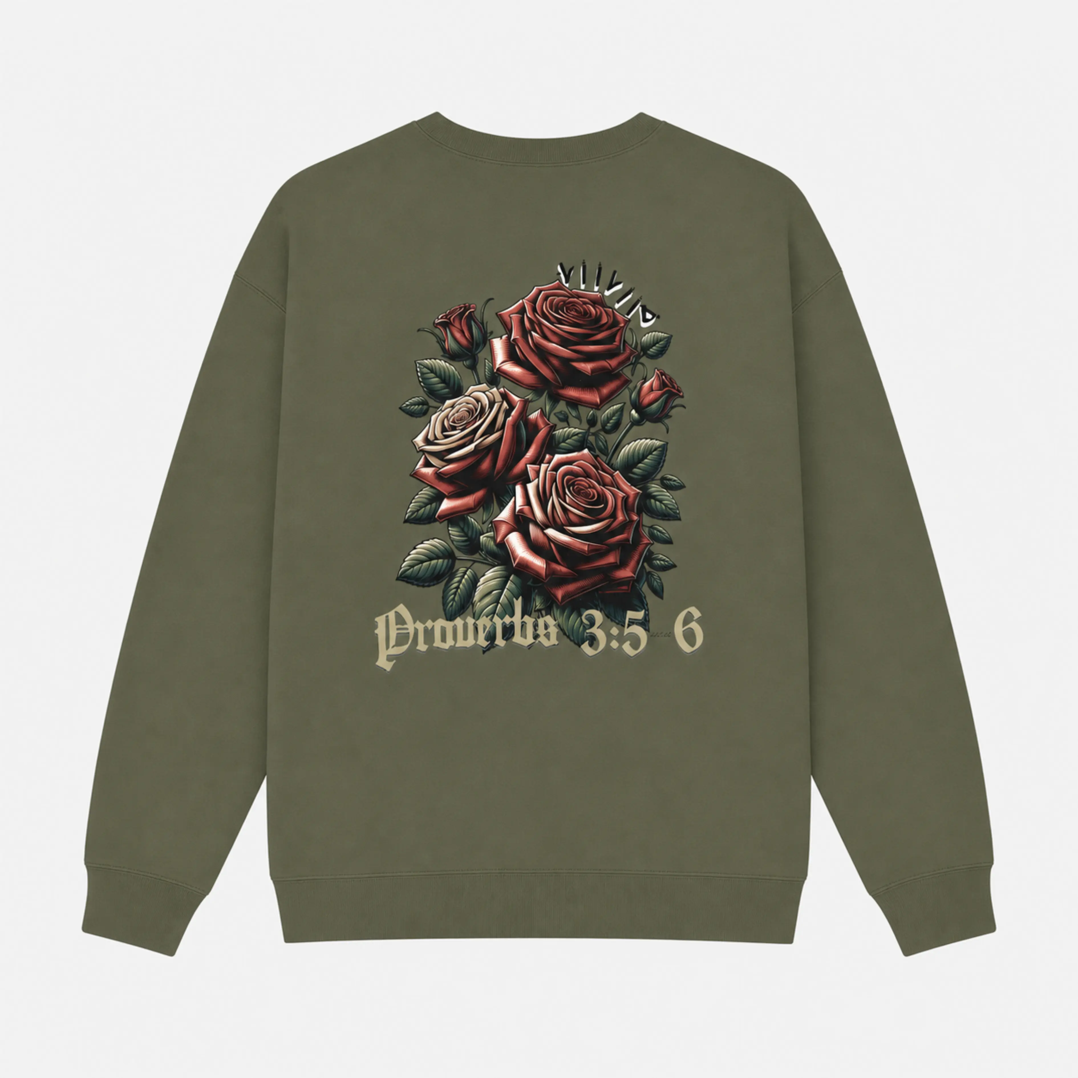 Stylish Crew Neck Sweatshirt - Roses Print, Proverbs 3:5-6 Design, Comfortable, Cozy, Trending Casual Classic, Cold/Chilly Days Wear, Ideal Gift, Everyday Wear, Faith Driven, Trendy Wear, Military Green, Black, Sand, White Long Sleeve Round Neck