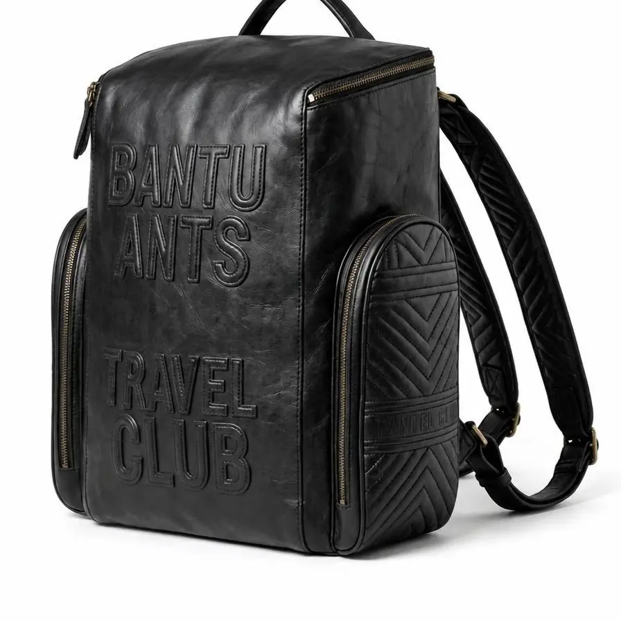 Bantu Ants Travel Club Nomad Backpack - Black Full Grain Leather with Adjustable Brass Buckles & Embossed Logo - Ideal for Travel & Daily Use