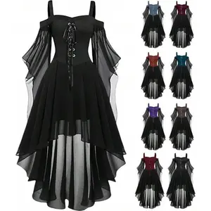 Witch Dress Gothic Outfit Renaissance Medieval Sleeve Mesh Costume for Women Halloween