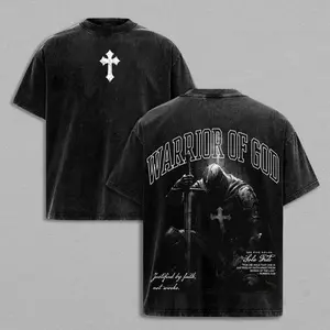 Men's Distressed Vintage Washed Templar Knight Warrior of God Oversized Graphic T-Shirt - Gothic Streetwear Black Shortleeve Top, Religious Cross Art Print Casual Cotton Figure-Flattering Shirt, Christian Faith Gift, Shortsleeve,summervibes