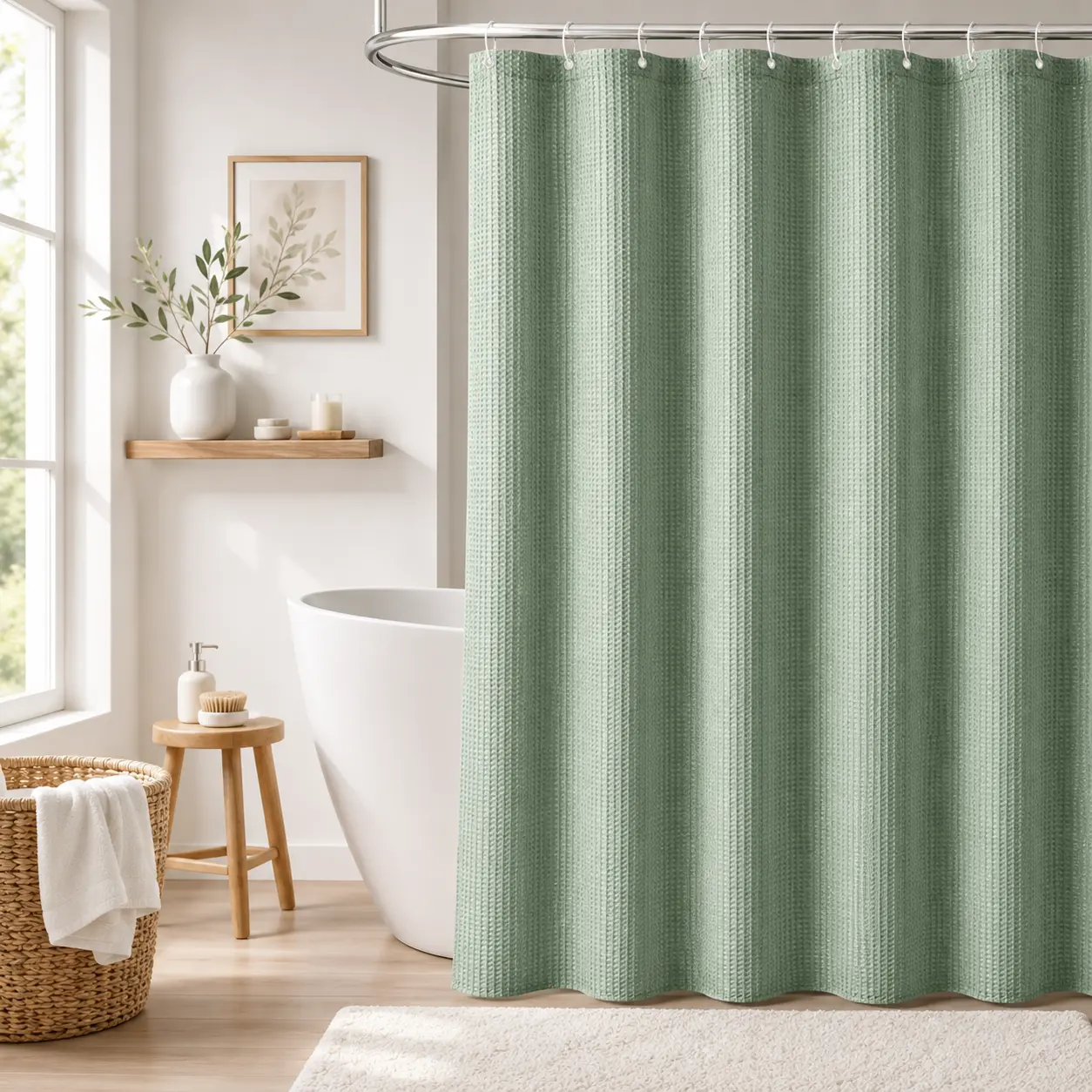 Green Waffle Texture Shower Curtain, Thick Textured Fabric with Weighted Hem, Water Repellent & Washable | Modern Bathroom Home Decor Shower Curtain Set with 12 Hooks Included, Perfect for Home/Hotel/Salon/Dorm, 72" x 72"