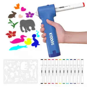 Tzum Kiddos Airbrush Kit for Kids, Air Brush Painting Set with 12 Washable Markers, Sprayer & Stencil  Sheet for Arts and Crafts