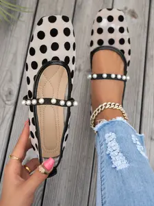 French Polka Dot Mesh Mary Jane Flats Women Pearl Strap Ballet Shoes Soft Comfortable Slip-On Footwear