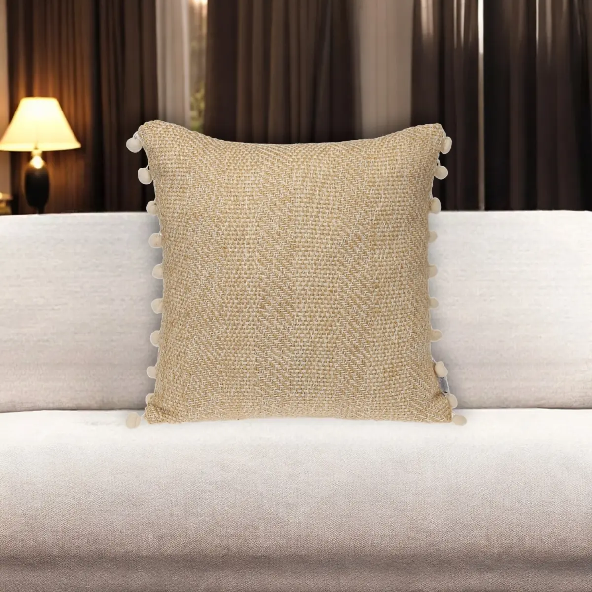 360 Stand 18 in. Beige & White Handwoven Cotton Fiber Decorative Cushion - Throw Cushion with Pom Poms, Zippered Removable Cover, Transitional Home Accents for Bedroom, Throw Cushions