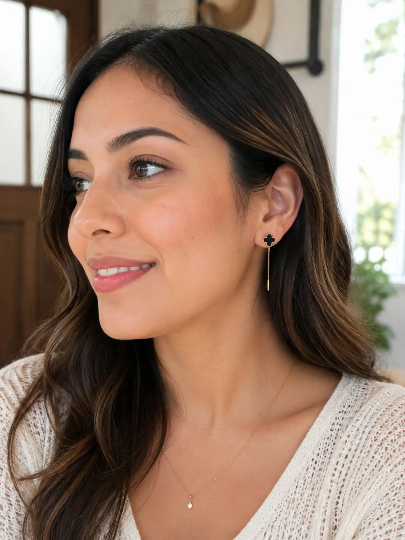 Luxury Black Four Leaf Clover Threader Earrings for Women, Dangling Earrings, Gold Tassel Dangle Earrings, Minimalist Jewelry Gift for Girlfriend Wife Mom, Statement Earrings for Christmas Birthday Anniversary Valentine is Day Party Daily Wear