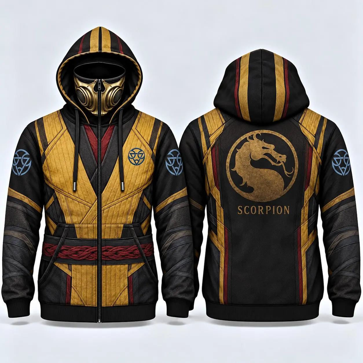Mortal Kombat Scorpion Mens Zip-Up Hoodie, Lin Kuei Guild Built-In Face Mask Jacket, Yellow Black Ninja Armor All-Over Print Hooded Sweatshirt, Cosplay Gamer Gift
