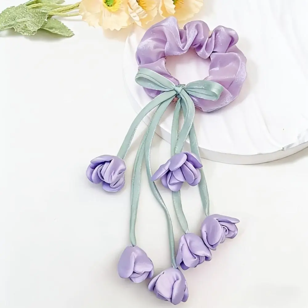 BeadBreath Blue/Pink Tulip Flower Hair Scrunchie, Elegant Ribbon Tassel Hair Tie, Women’s Romantic Daily & Vacation Hair Accessory